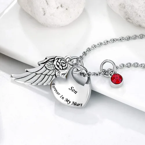 Vista 4 de Collar de urna de cremación de doble corazón viene con ala de ángel y 12 piedras natales para cenizas, colgante conmemorativo, Forever in My Heart