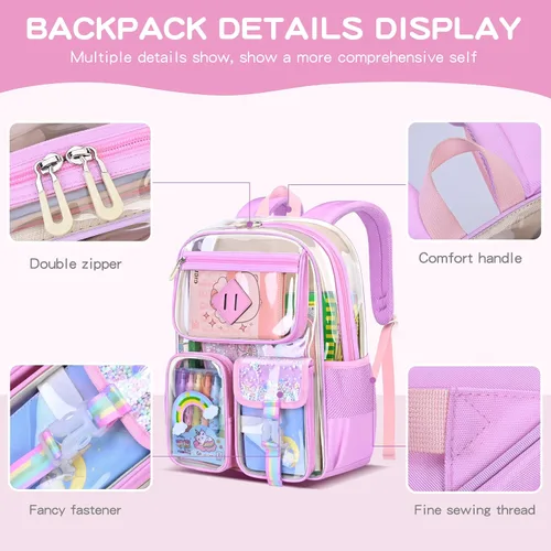 Vista 3 de Mochila transparente para hombre, mochila impermeable, escuela secundaria negra, escuela secundaria y universidad, Rosado, Estándar, Casual moderno