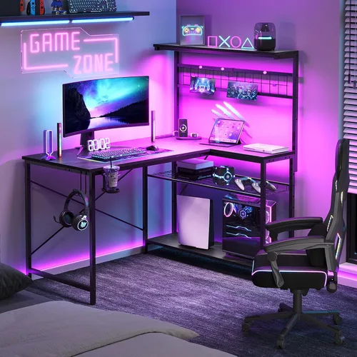 Vista 3 de Bestier Escritorio de juegos en forma de L de 42 pulgadas, escritorio para computadora con tomas de corriente y luz LED, escritorio reversible