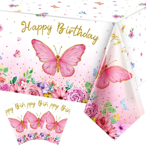 Vista 7 de Tegeme Mantel rectangular con diseño de mariposas y feliz cumpleaños, decoración de fiesta de mariposa, mantel de plástico con temática de primavera