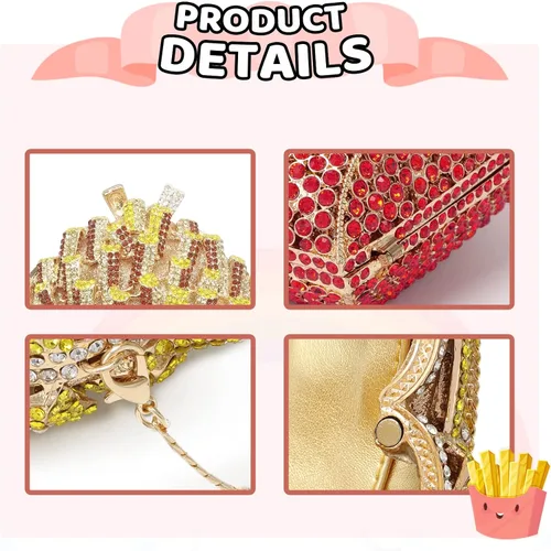 Vista 5 de KUANG! Bolso de hombro en forma de papas fritas con diamantes de imitación, bolso de mano de cristal para mujer, bolso de noche brillante para fiesta