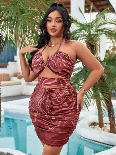 Vista 3 de WDIRARA Vestido corto ajustado sin espalda con estampado halter y espalda descubierta para mujer