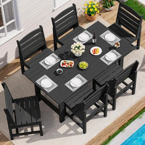 Vista 45 de SERWALL Juego de mesa de comedor de 7 piezas, muebles de comedor de polietileno de alta densidad para exteriores con agujero para paraguas y 6 Negro
