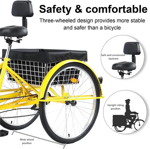 Vista 4 de Triciclo para adultos de 24/26 pulgadas, bicicleta de 7 velocidades y 3 ruedas para hombres y mujeres, triciclo de crucero con asiento ajustable