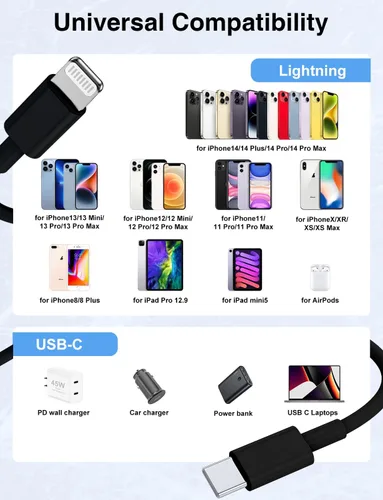 Vista 7 de Paquete de 2 cables USB C a Lightning de 6/10 pies [certificado Apple MFi], cable USB tipo C a Lightning, cable de carga rápida USBC para iPhone