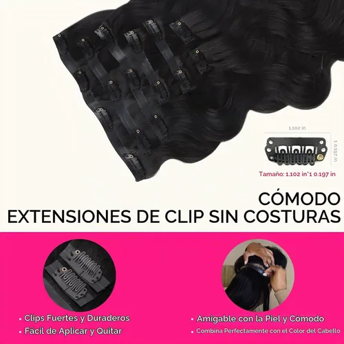Vista 5 de Lashey Extensiones de cabello humano con clip, sin costuras, #1, color negro azabache, extensiones de cabello humano real, extensiones de cabello