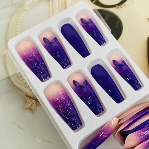 Vista 5 de Uñas postizas de bailarina moradas de larga duración, 24 uñas postizas reutilizables de cobertura completa con pestañas adhesivas, uñas postizas