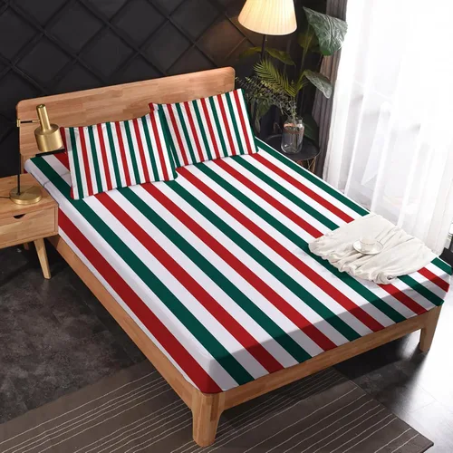 Vista 2 de Sábanas de Navidad tamaño individual – Sábanas de cama a rayas rojas y verdes, microfibra suave, bolsillo profundo, sábanas y fundas de almohada