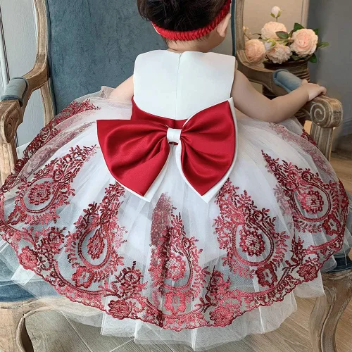 Vista 2 de 3M-6T Vestidos de Encaje con Lazo para Niñas Pequeñas Vestido de Gala Bordado para Bebé con Diadema
