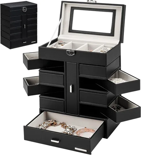 Vista 5 de Homde Paquete de caja de joyería negra una enorme caja de joyería + una caja de joyería negra con 10 cajones