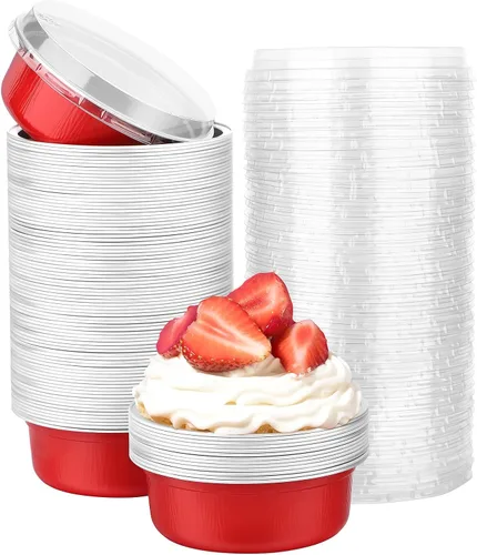 Vista 60 de Beasea Disposable Ramekins with Lids, 50 Pack 8oz 235ml Aluminum Foil Baking Cups with Lids, Aluminum Creme Brulee Ramekins Muffin Cupcake Pudding