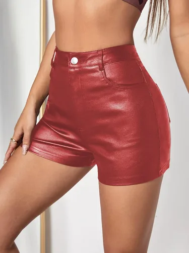 Vista 4 de MakeMeChic Pantalones cortos de mezclilla ajustados elásticos con aspecto de cuero de cintura alta para mujer