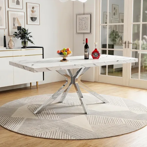 Vista 17 de Henf Mesa de comedor de mármol sintético blanco de 70 pulgadas para 4-6 personas, mesa de cocina rectangular moderna con mesa de mármol sintético