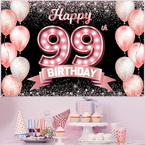 Vista 119 de Cartel de feliz cumpleaños décimo oro rosa, telón de fondo, saludos a 10 años, globos de confeti, decoración temática para niñas de 10 años