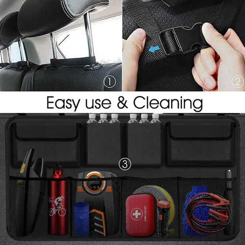 Vista 7 de Juego de organizador de maletero de automóvil: organizador colgante para asiento trasero con 8 bolsas de almacenamiento y almacenamiento plegable