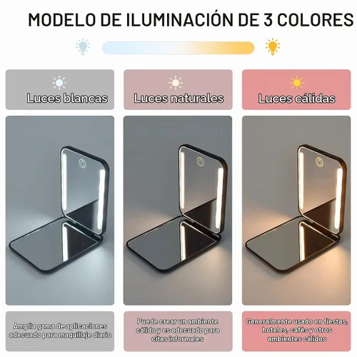 Vista 5 de Kintion Espejo de bolsillo recargable, espejo de tocador compacto de doble cara con aumento 1X/3X, 3 luces de color, regulable, pequeño espejo