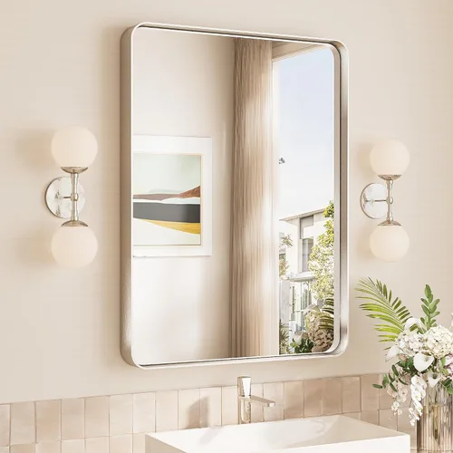 Vista 90 de TokeShimi Espejo de pared de baño de níquel cepillado de 20 x 30 pulgadas, marco de metal, esquina redonda, rectangular, para decoración del hogar