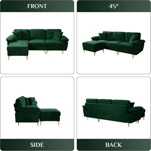 Vista 8 de OUYESSIR Sofá modular en forma de L, sofá de terciopelo de 3 plazas con otomana y almohadas, cómodo sofá cama tapizado para sala de estar, Verde