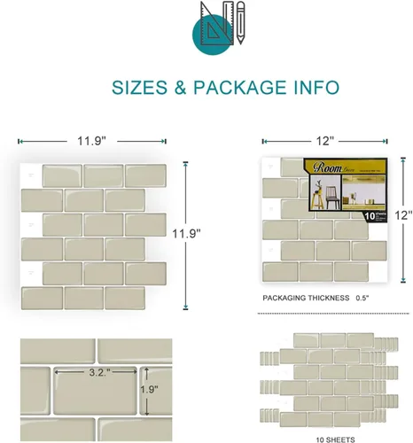 Vista 4 de 10 hojas adhesivas para baldosas, pegar y despegar para salpicaduras 12"x12