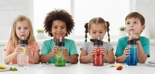 Vista 3 de Juego de 4 botellas de agua deportivas de doble pared para niños, 10 onzas, resistente a los golpes (transparente)
