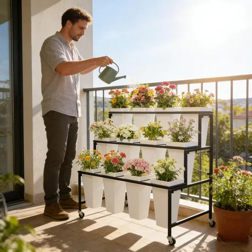 Vista 5 de Soporte de exhibición de flores de metal de 3 niveles, carrito móvil resistente para plantas de flores con 12 cubos y ruedas con bloqueo, estante