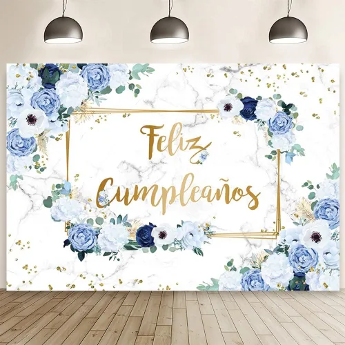 Vista 11 de MEHOFOND Telón de fondo de feliz cumpleaños de 7 x 5 pies, flores azules y blancas, fondo de fotografía de cumpleaños para niñas, puntos geométricos