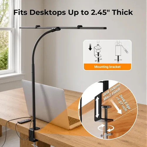Vista 7 de Lámparas de escritorio LED para oficina en casa, lámpara de escritorio ajustable con brazo oscilante con abrazadera
