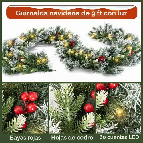 Vista 5 de Guirnalda de Navidad FGHB, Guirnaldas de Navidad con Luces, Guirnalda de Navidad de 2,7M/ 9FT, Decoraciones de Navidad Iluminadas con Luces LED