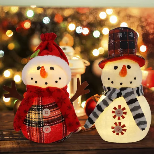 Vista 7 de Sancodee - Decoraciones de mesa de Navidad, 2 piezas, muñecos de nieve con luces LED blancas cálidas, decoración de mesa de muñecos de nieve