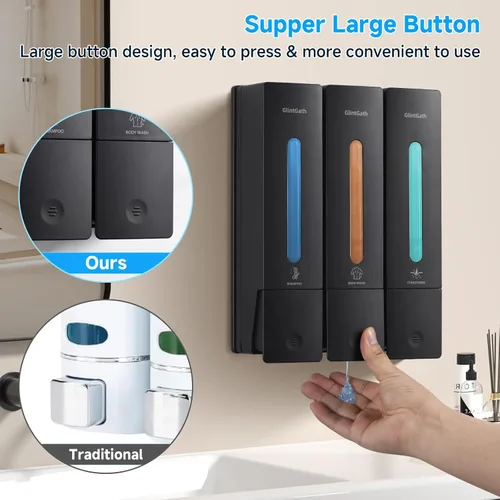 Vista 7 de Dispensador de champú y acondicionador, dispensador de jabón de ducha, dispensador de 3 cámaras, sin taladro, dispensador de champú para pared