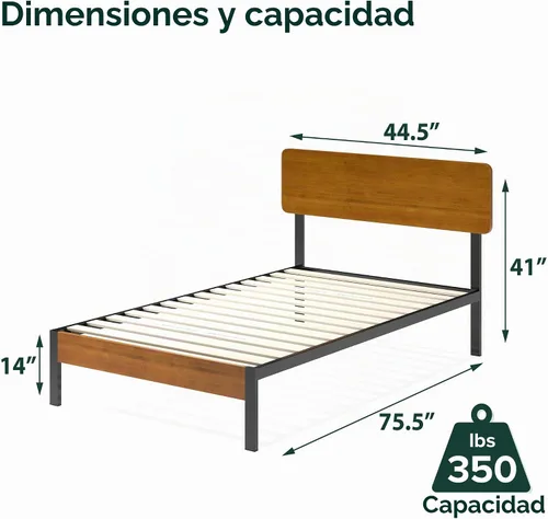 Vista 2 de ZINUS Olivia - Marco de cama de plataforma de metal y bambú, no necesita somier, soporte de listones de madera, fácil de montar, tamaño individual