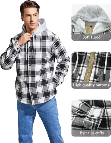 Vista 5 de IVUMA Camisas de algodón a cuadros de manga larga para hombre, chaqueta de franela con forro polar, camisas de franela Sherpa con botones y capucha