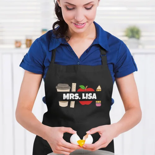 Vista 5 de shop4ever Delantal personalizado con nombre de profesor de café, manzana, con bolsillos, regalo personalizable para profesores de arte, niños, Negro