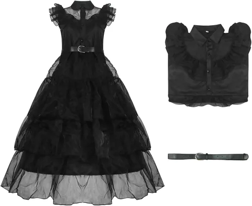 Vista 2 de Poboola Wednesday Addams - Disfraz de vestido para niñas con peluca para niños, vestido de fiesta de patinador acampanado para miércoles, cosplay