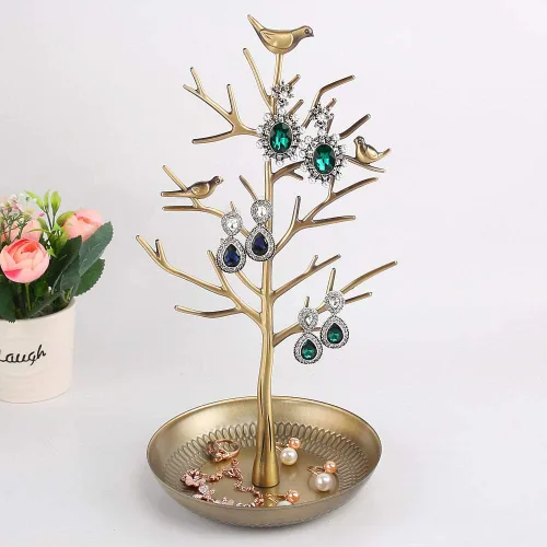 Vista 6 de Soporte de joyería de árbol de pájaros, soporte organizador de aretes, collar, estante organizador de torre con bandeja de metal para anillos