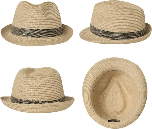 Vista 3 de Fancet Sombrero de Paja Pajarita Fedora Panamá Sol Verano Playa Sombrero Cubano Trilby Hombres Mujeres 21.7-24.0in