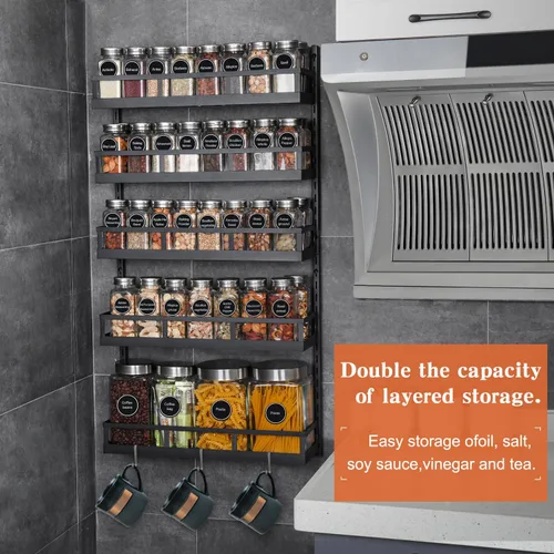 Vista 5 de X-cosrack Organizador de especias de montaje en pared, 5 niveles de altura ajustable, estante de especias colgante para armario de despensa