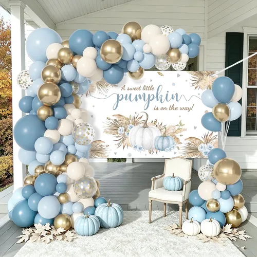 Vista 7 de MEHOFOND - Decoración de baby shower con diseño de calabaza pequeña, kit de globos de baby shower con una pequeña calabaza en camino, decoración