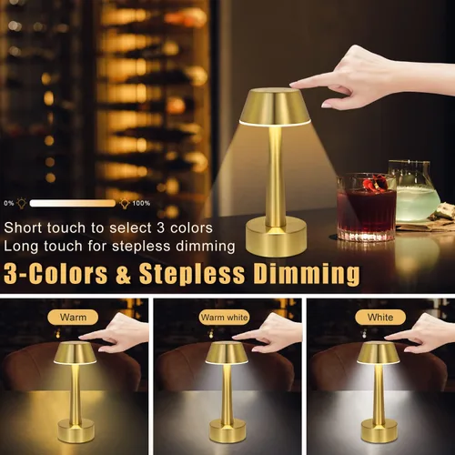Vista 2 de UMEXUS Paquete de 2 Lámparas de Mesa Pequeñas Inalámbricas Recargables, LED a Batería Operadas por Tacto con Atenuación de 3 Colores, Lámparas