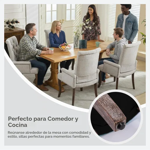 Vista 6 de Sillas de Comedor Tapizadas Acolchadas de Chenilla con Brazos y Ribete de Tachuelas – Marco y Patas de Madera Maciza, Estilo Granja Moderna