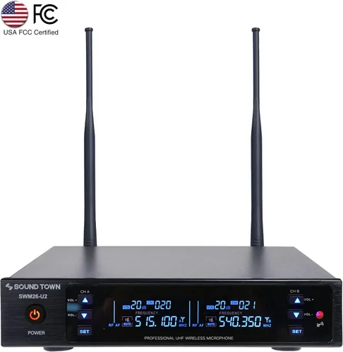 Vista 2 de Sistema Sound Town de micrófono inalámbrico UHF de metal de 200 canales con 2 micrófonos de mano y escaneo automático, para iglesia, escuela, boda