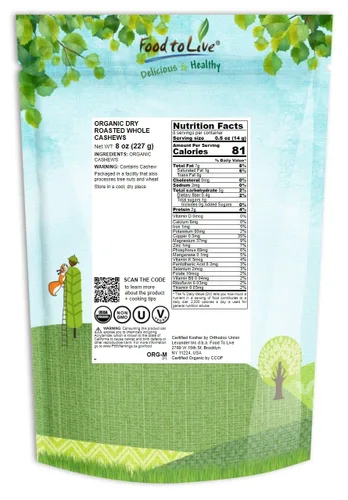 Vista 2 de Food to Live Anacardos enteros tostados orgánicos en seco, 8 onzas sin OMG, sin sal, nueces tostadas al horno, sin aceite añadido, kosher, vegano, a