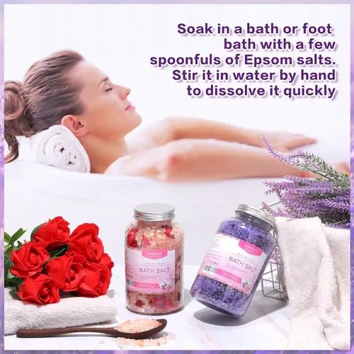 Vista 4 de Kit de sales de baño, sal rosa del Himalaya, 46 onzas, paquete de 2 aceites esenciales de sal de Epsom natural y lavanda, relaja y duerme mejor
