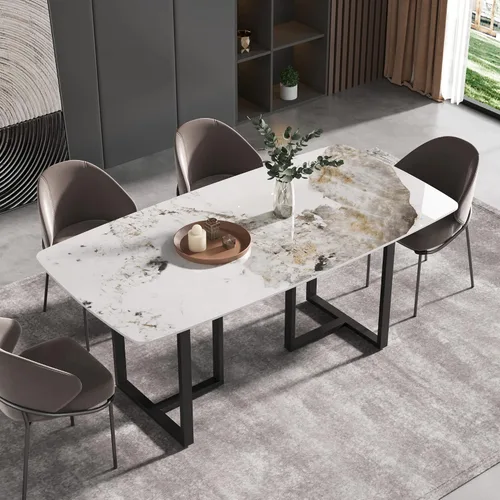 Vista 8 de Mesa de comedor moderna, mesa de comedor de piedra sinterizada blanca antigua con patas de mesa de acero al carbono negro, mesa de comedor Blanco