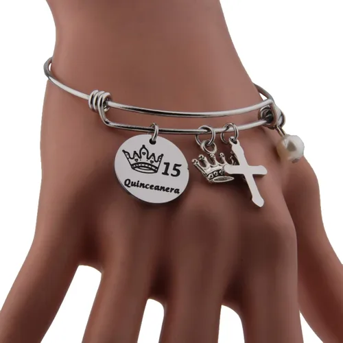 Vista 5 de FEELMEM Quinceañera - Pulsera de 15 cumpleaños para niñas y niñas 15 años de quinceañera brazalete de alambre expandible joyería de membrillo