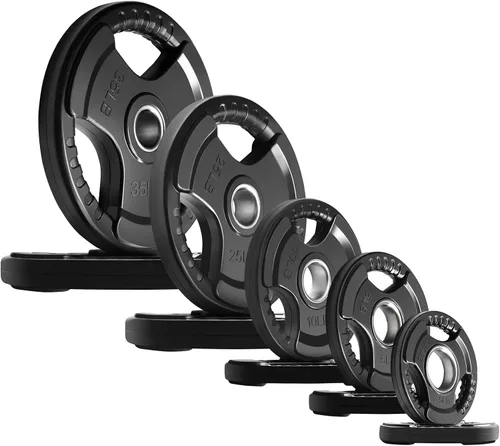 Vista 17 de RitFit Olympic Rubber Grip Weight Plates, 2-Inch Barbell Set Solid Iron Core, Rubber Coated, 2-Inch Olympic Bar Compatible, 3-Hole Grip, 2.5LB to