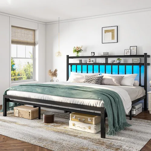 Vista 10 de Homkdom Base de cama de metal de tamaño individual con luces LED inteligentes y cabecera de almacenamiento de 2 niveles, base de colchón resistente