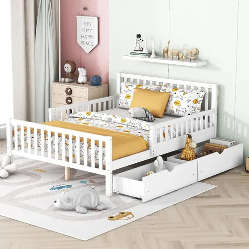 Vista 21 de VilroCaz Cama de plataforma de tamaño individual con barandilla y cabecera multifuncional, base de cama de plataforma de madera con 2 cajones