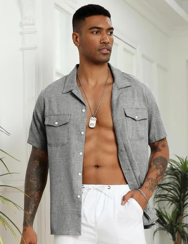 Vista 2 de COOFANDY Men's Linen Short Sleeve Button Down Shirt Casual Cuban Collar Summer Beach Shirts Vacation Essentials