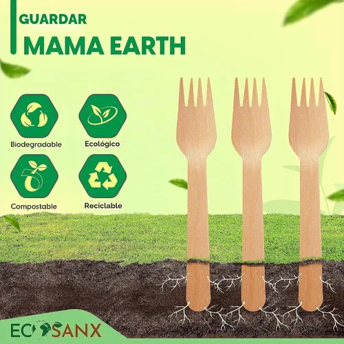 Vista 7 de ECOSANX® 120 piezas de tenedores de madera para comer de 16.5 cm libres de astillas, compostables, juego de cubiertos de madera ecológico